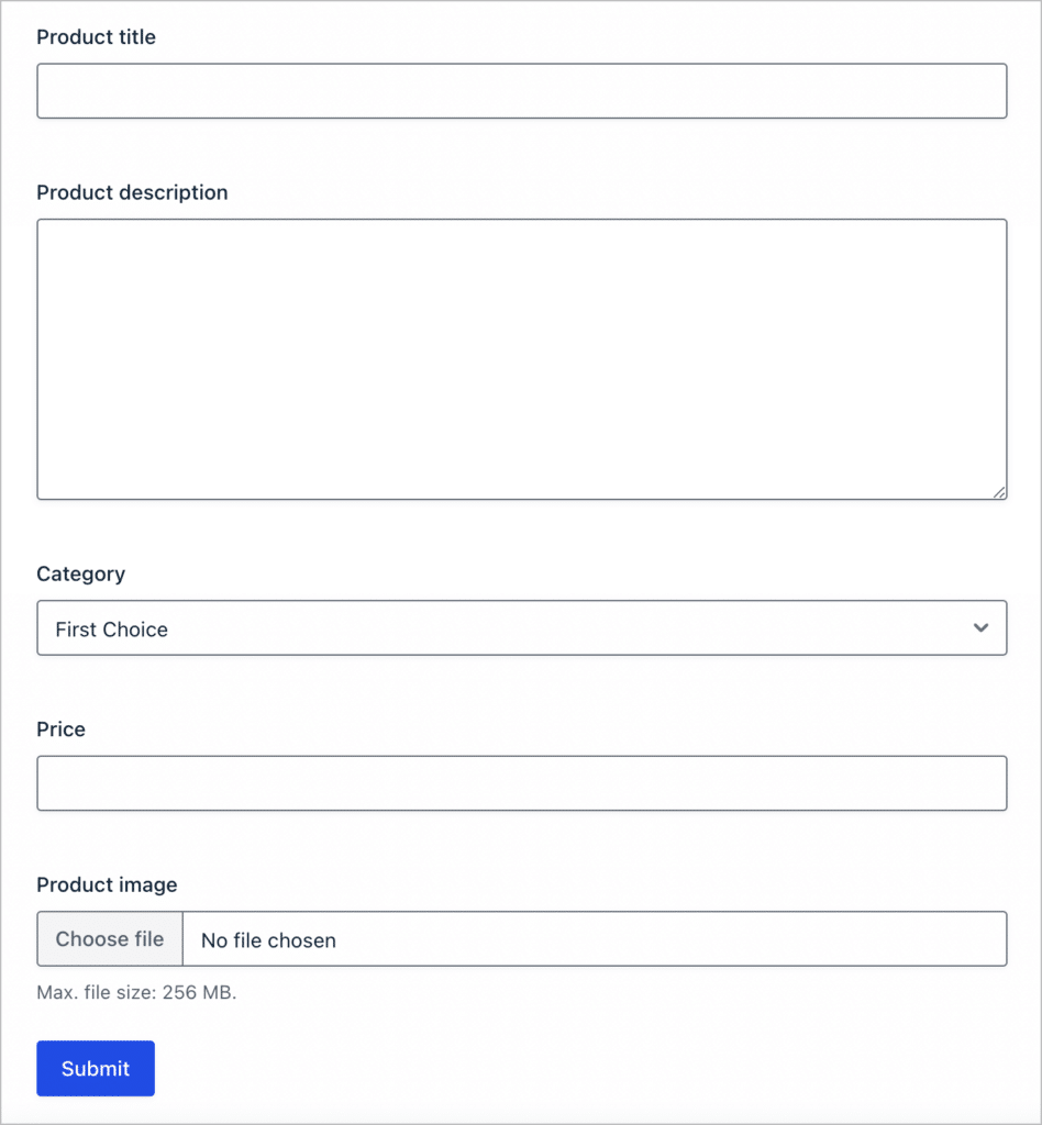 A Gravity Forms form with fields for 'Product title', 'Product description', 'Category', 'Price', and 'Product image'.