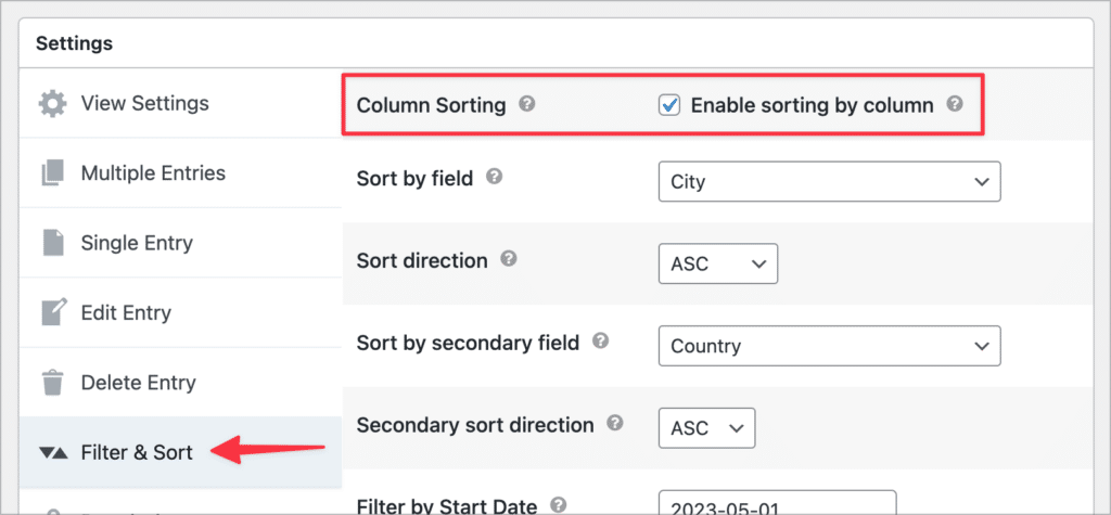The Column Sorting option in the filter & Sort settings