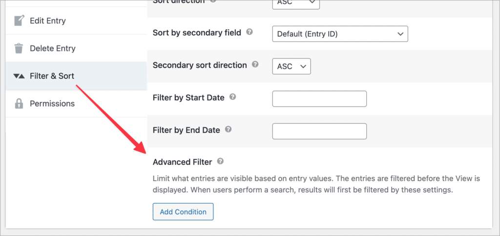 The Advanced Filter option in the GravityView Filter & Sort settings