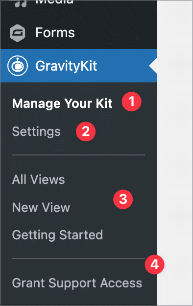 The new GravityKit menu item in WordPress