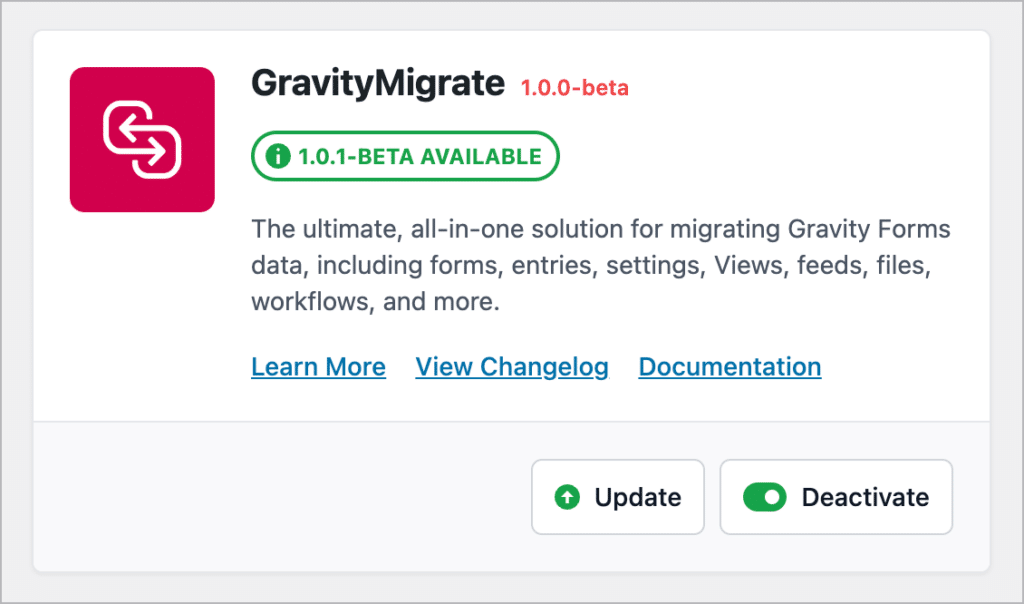 GravityMigrate plugin card on the GravityKit "Manage Your Kit" page in WordPress