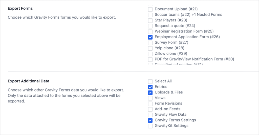 The GravityMigrate export settings