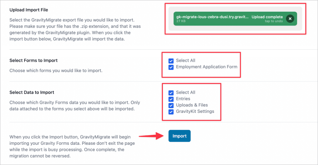 The import settings in GravityMigrate