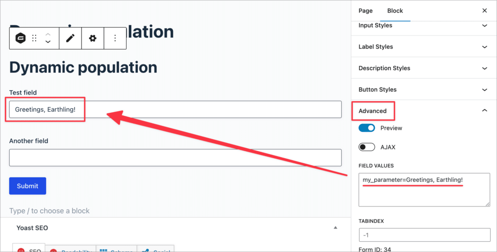 The WordPress Block editor showing the Gravity Forms block settings