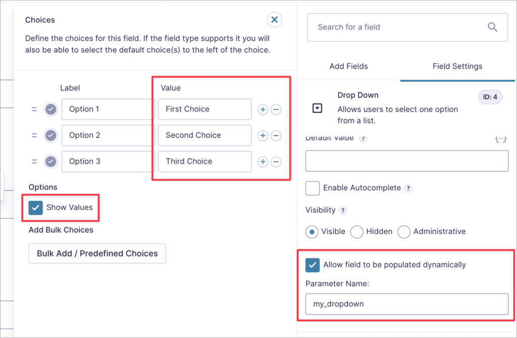 The Gravity Forms form editor showing field settings for a Drop Down field. Each choice has a value: First Choice, Second Choice, and Third Choice.