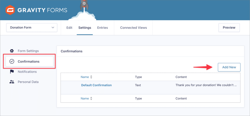 The 'Confirmations' feed page in Gravity Forms with an arrow pointing to the 'Add New' button