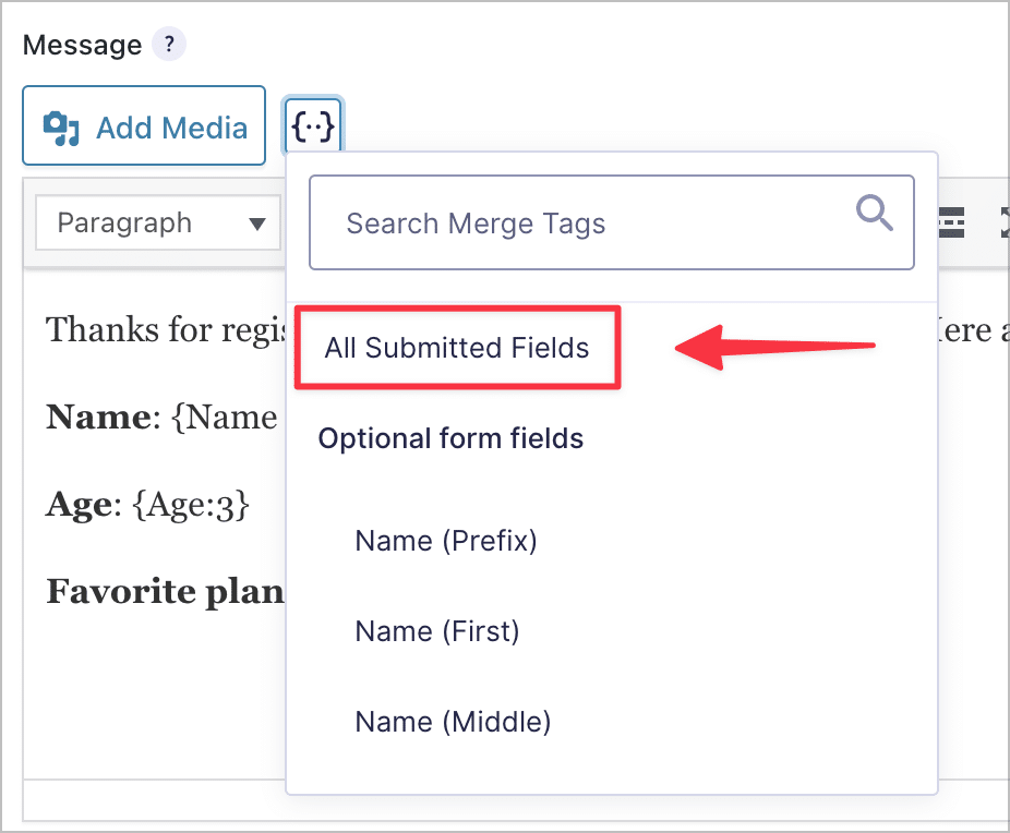 The merge tag menu with an arrow pointing to the 'All Submitted Fields' merge tag