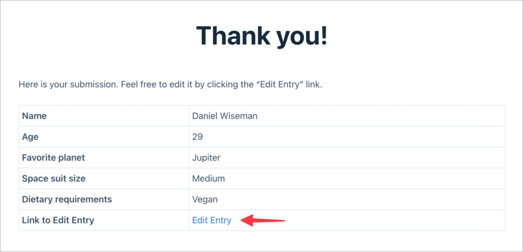 A thank you page showing a Gravity Forms entry, along with a link to edit the entry
