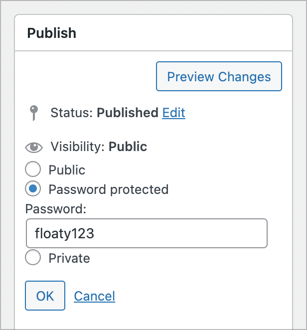 The visibility settings located on the Publish meta box for all pages or post types in WordPress