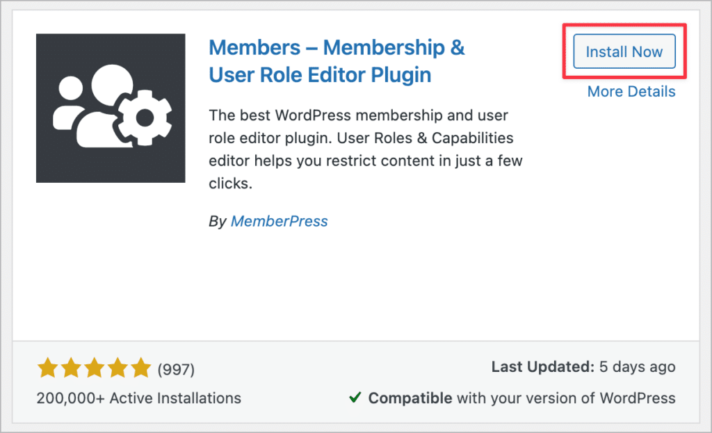The "Members - Membership and User Role Editor Plugin" showing a 5-star rating and 200,000 installations