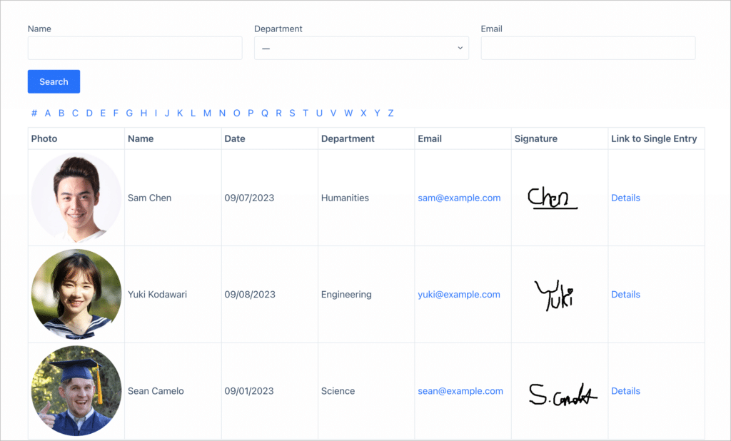 A student registration database built using GravityView on WordPress