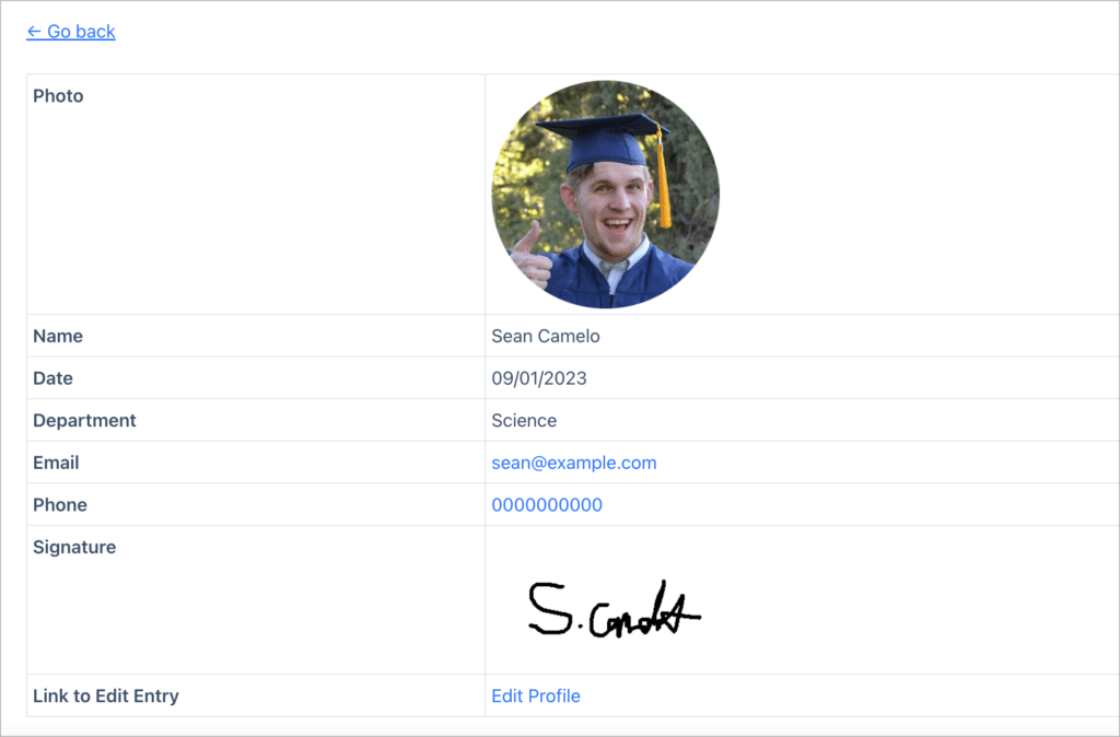 The Single Entry page for a student registration profile