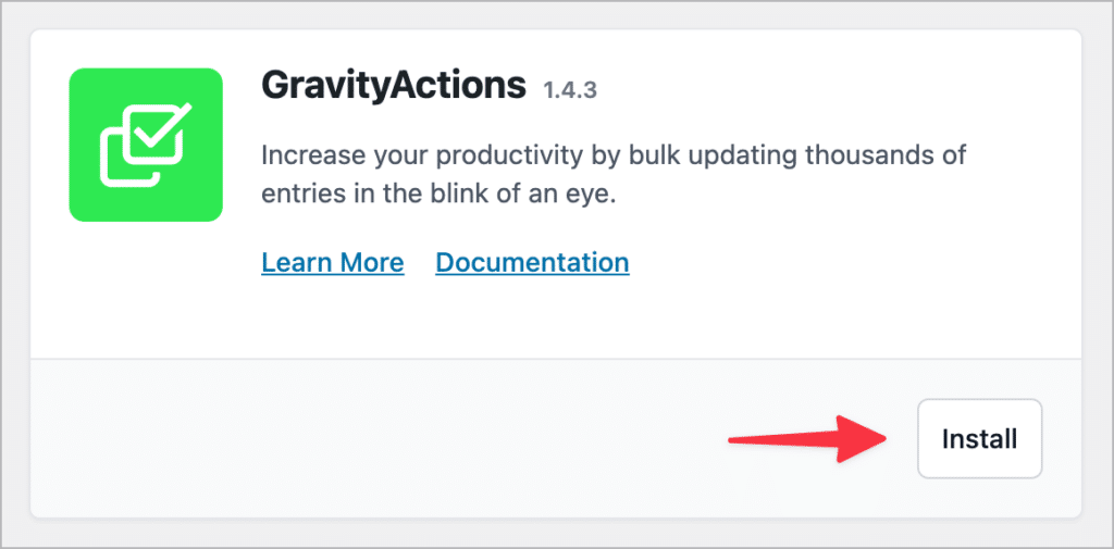 An arrow pointing to the "Install" button for GravityActions.
