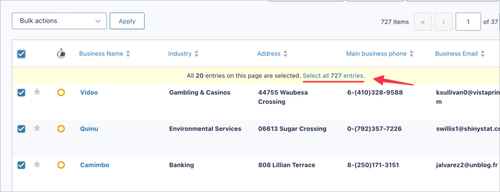 An arrow pointing to a link that says 'Select all 727 entries'.