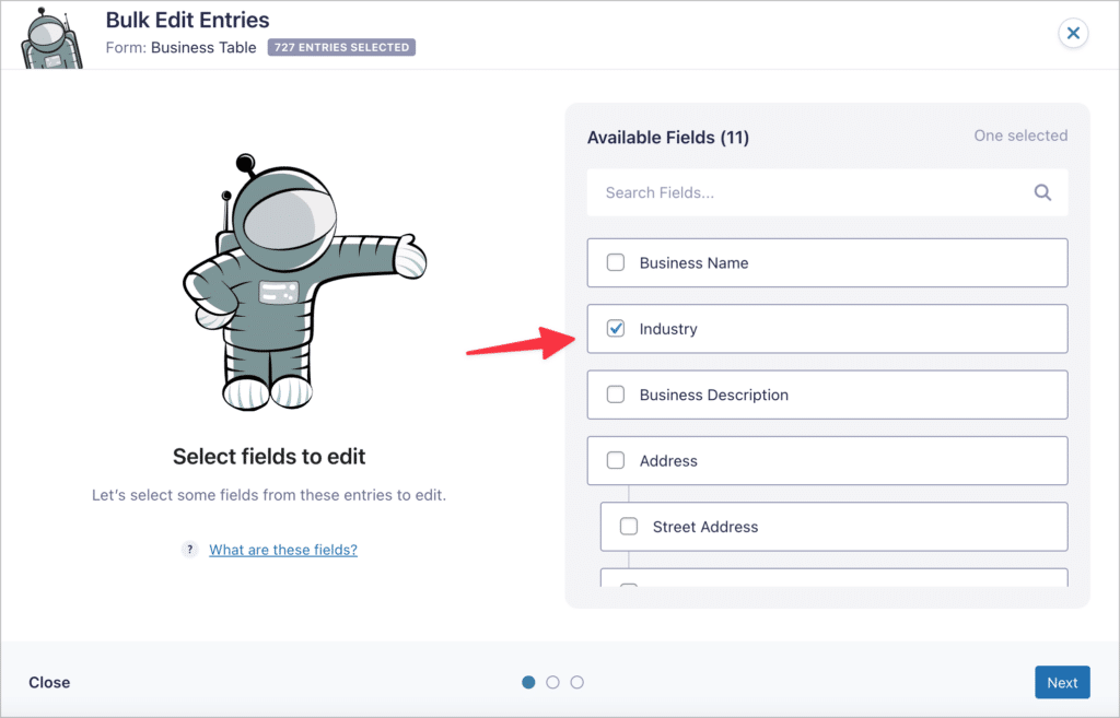 An arrow pointing to one selected fields on the GravityActions popup window