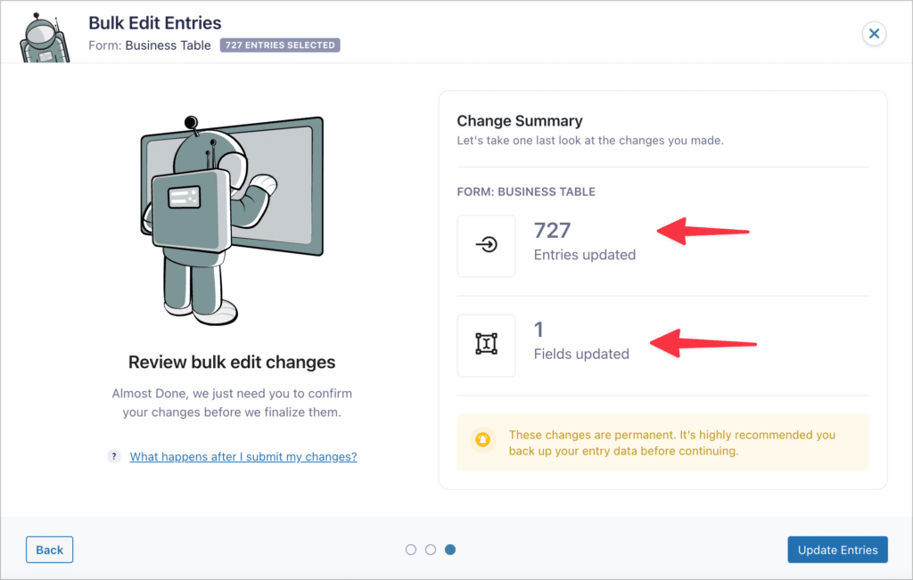 GravityActions showing a summary of changes made