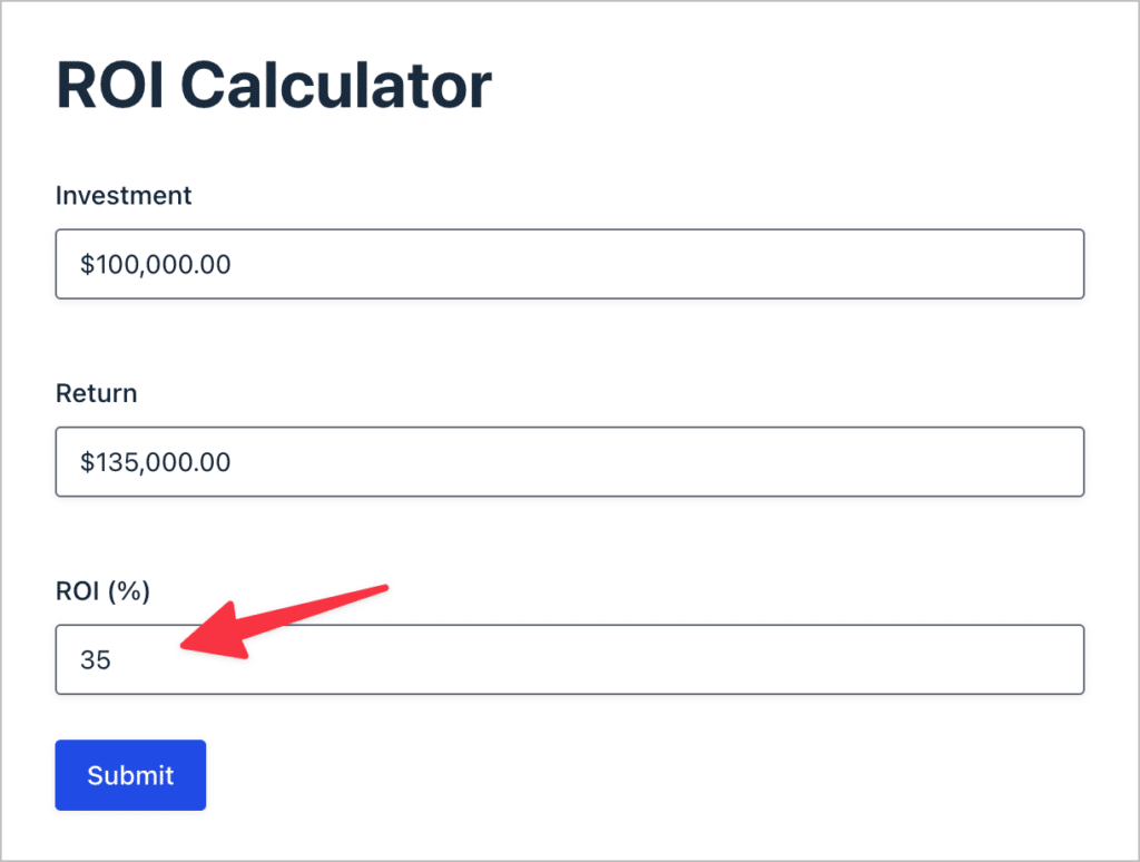 A Gravity Form on the front end displaying the ROI percentage