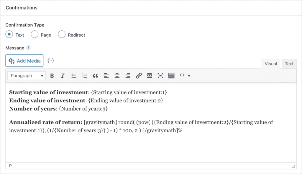 The formula for calculating the annualized rate of return inside the Gravity Forms confirmation message
