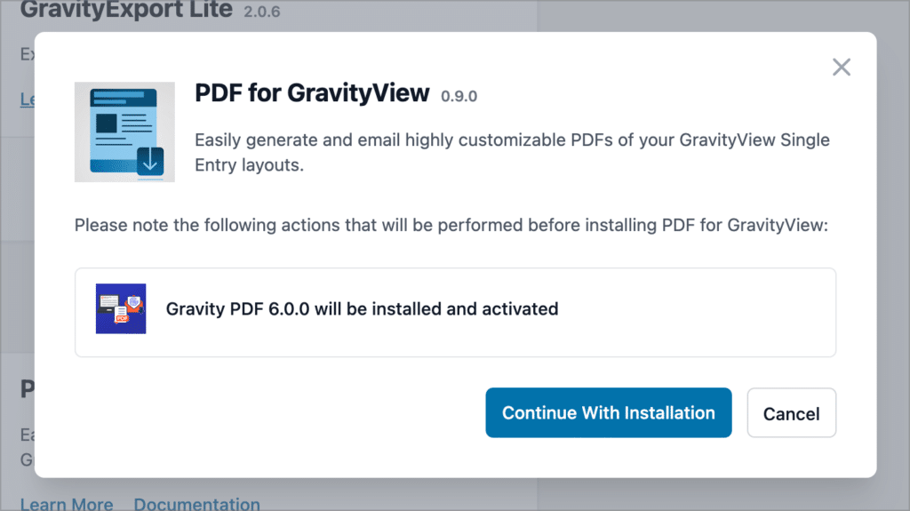 A message saying that Gravity PDF will be installed before PDF for GrasvityView can be installed.