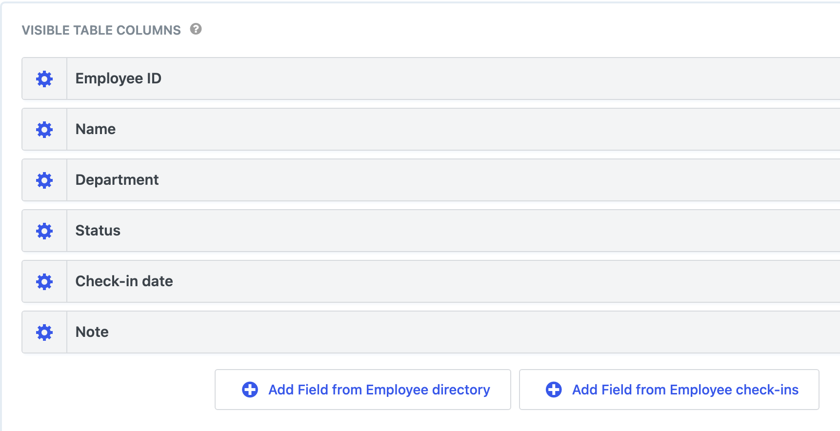 The Visible Table Columns list in the View editor with fields from both forms, above two buttons: Add Field from Employee directory and Add Field from Employee check-ins