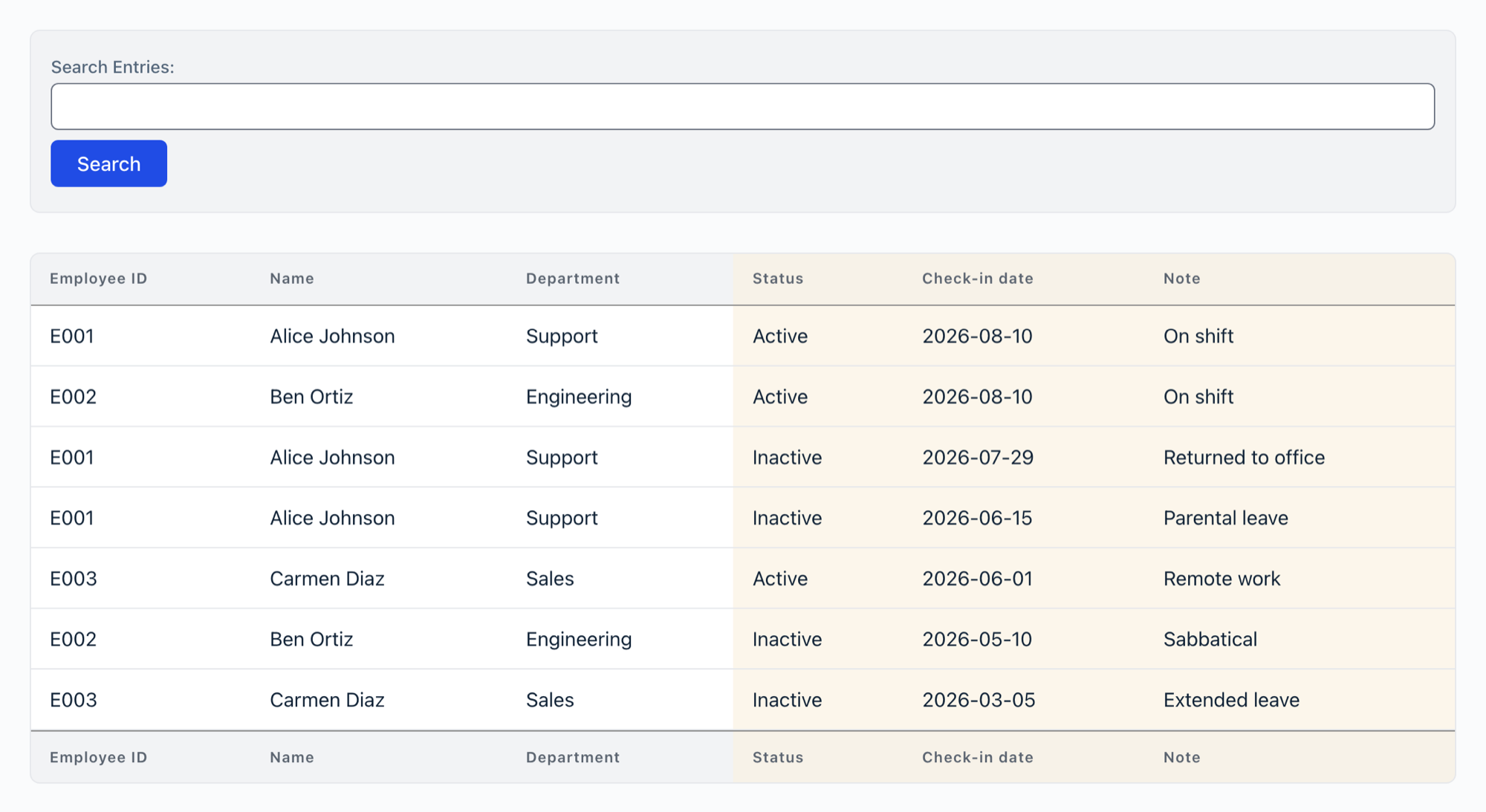 A front-end table View joining an employee directory form with an employee check-ins form, with a search bar above. The three columns from the check-ins form are tinted gold