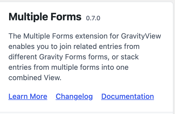 The Multiple Forms card on the Manage Your Kit page, showing version 0.7.0 with links to the changelog and documentation
