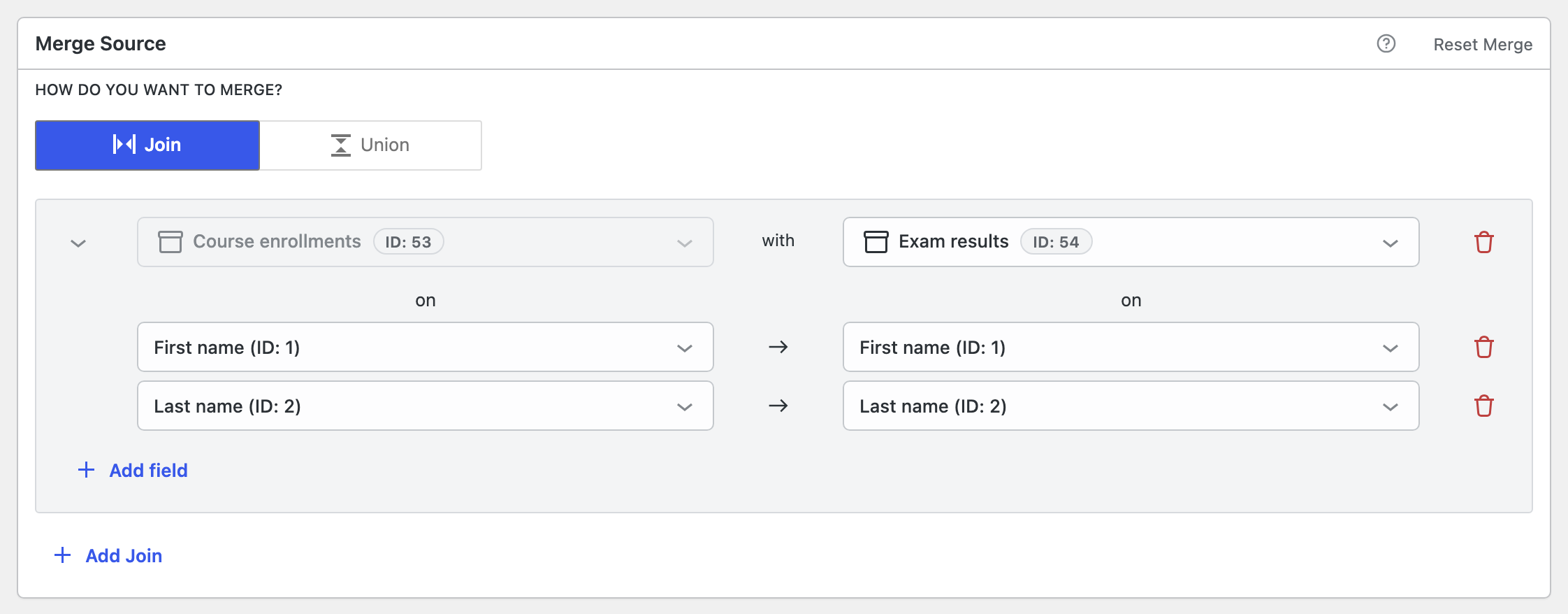 A join block in the Merge Source panel matching Course enrollments with Exam results on two field pairs, first name and last name, with an Add field button below