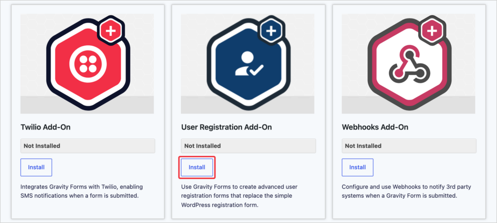 The Gravity Forms Add-Ons page with the Install button for the User Registration Add-On highlighted