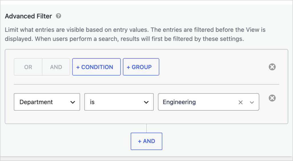 A GravityView Advanced Filter condition that shows only entries where Department is Engineering