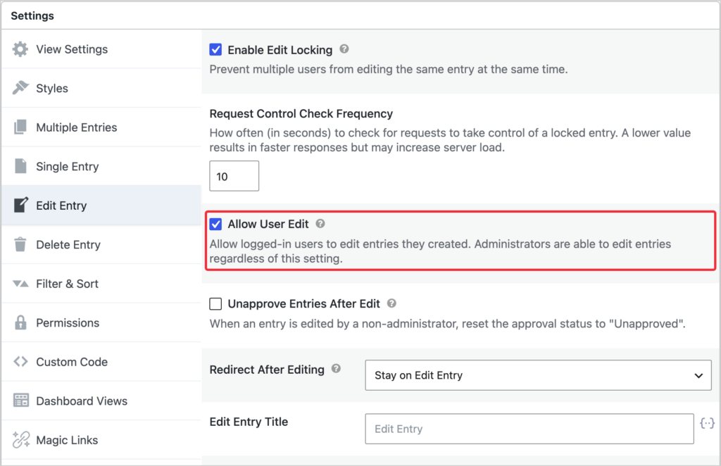 The Edit Entry tab in the GravityView View settings with the Allow User Edit checkbox highlighted
