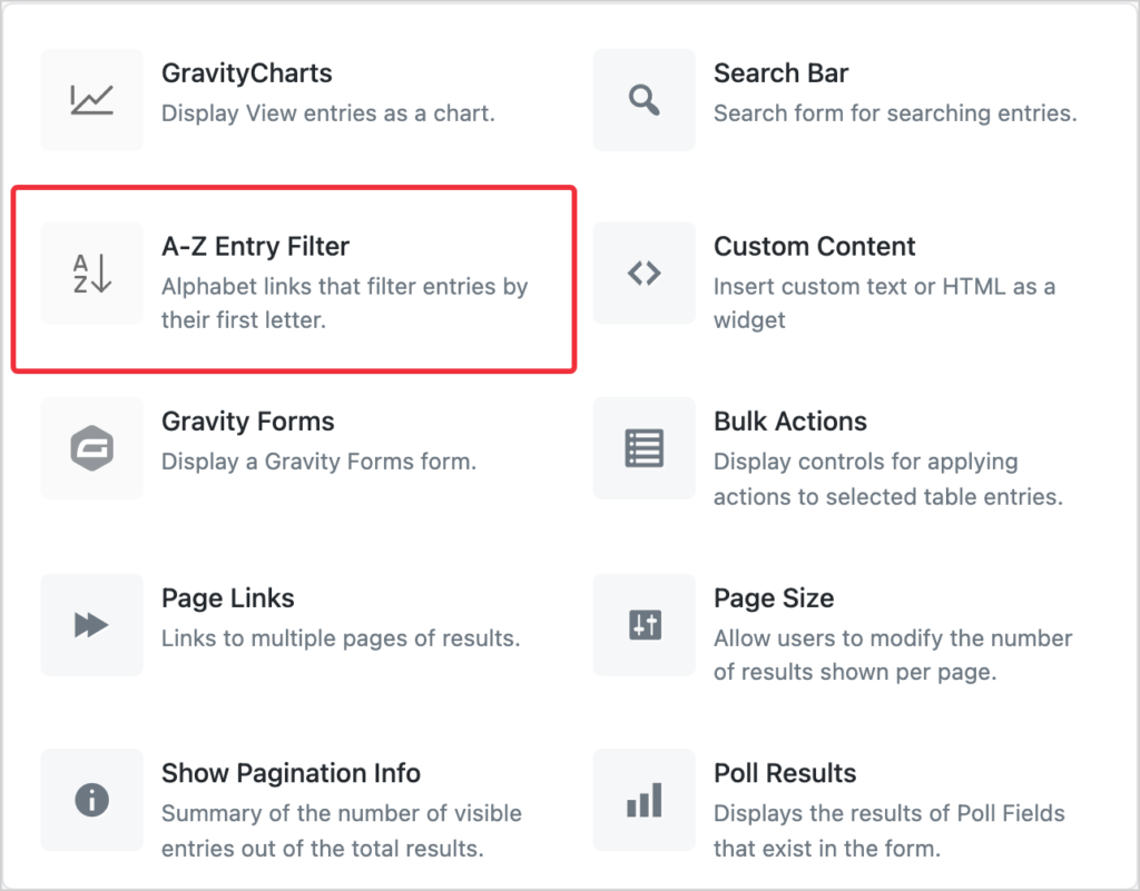 The GravityView widget picker with the A-Z Entry Filter widget highlighted