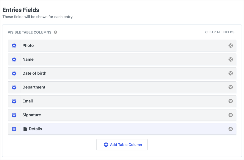 The Visible Table Columns area in the GravityView View editor with Photo, Name, Date of birth, Department, Email, Signature and Details columns