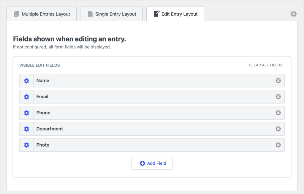 The Edit Entry Layout tab in the GravityView View editor with Name, Email, Phone, Department and Photo fields
