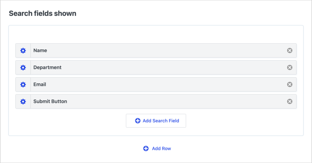 The Search Bar widget settings in GravityView with Name, Department and Email search fields and a Submit button