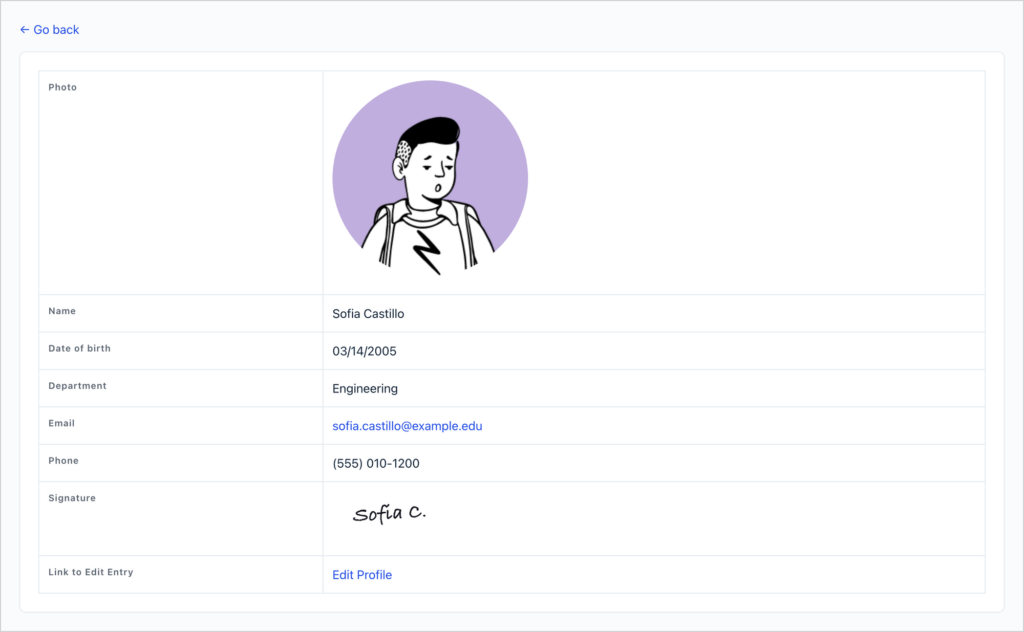 A student's profile page in GravityView showing their photo, name, date of birth, department, email, phone, signature and an Edit Profile link