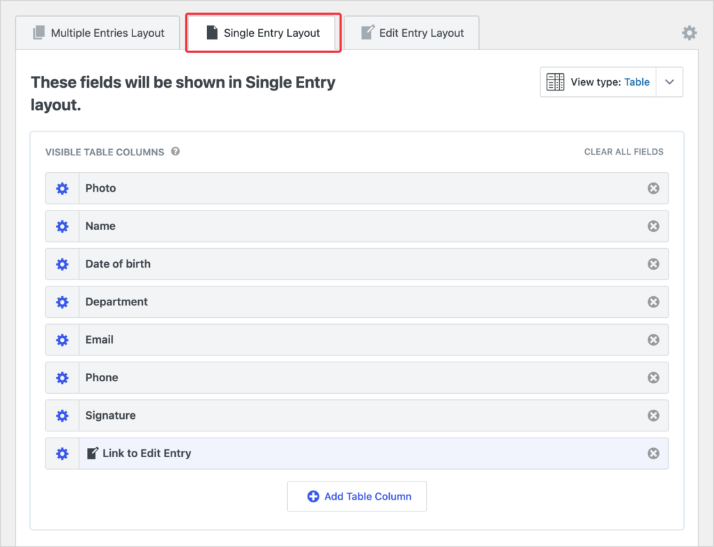 The Single Entry Layout tab in the GravityView View editor showing Photo, Name, Date of birth, Department, Email, Phone, Signature and Link to Edit Entry fields