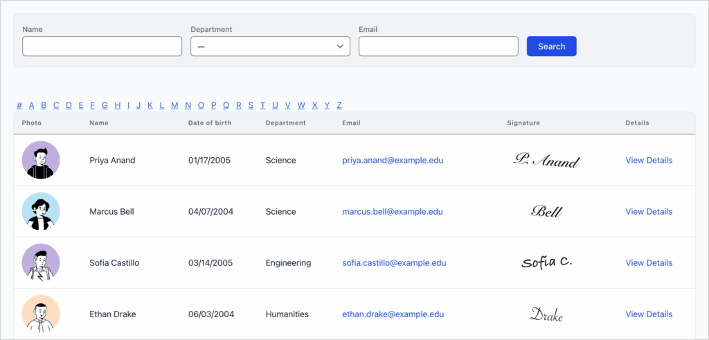 A student registration database built with GravityView, with a search bar and a table of students showing photo, name, date of birth, department, email and signature