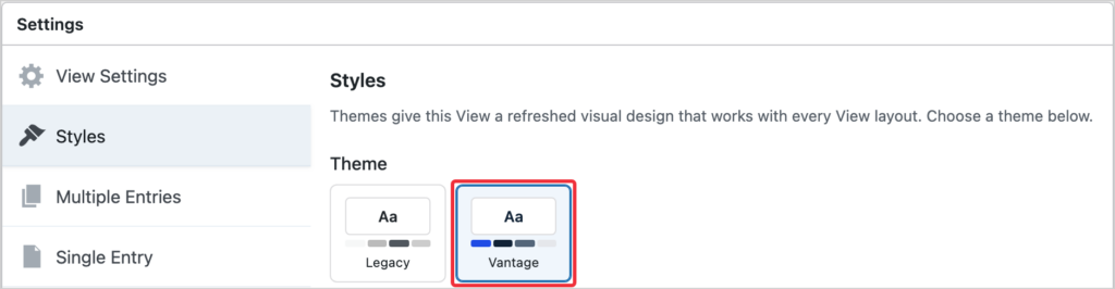 The Styles tab in the GravityView View settings with the Vantage theme selected