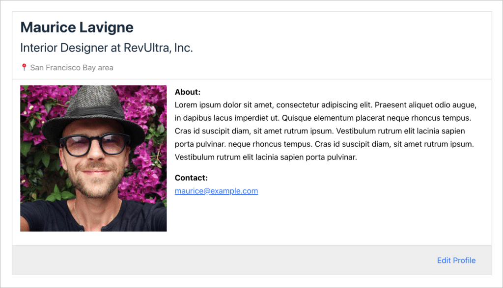 A user profile showing the name, job title, location, bio and contact information for one 'Maurice Lavigne'.