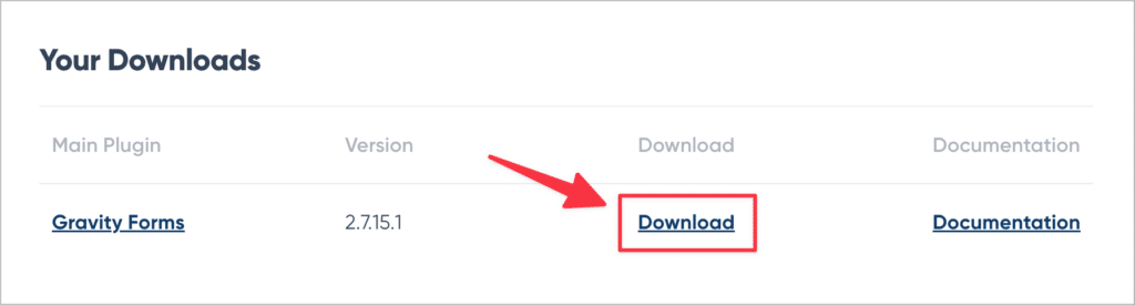 An arrow pointing to the 'Download' link on the Gravity Forms Account page