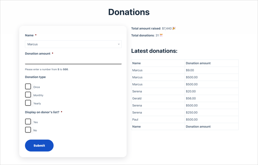 A donation form with recent donations displayed on the same page