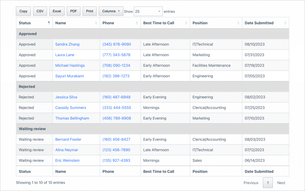 The GravityView DataTables layout on the front end displaying business information