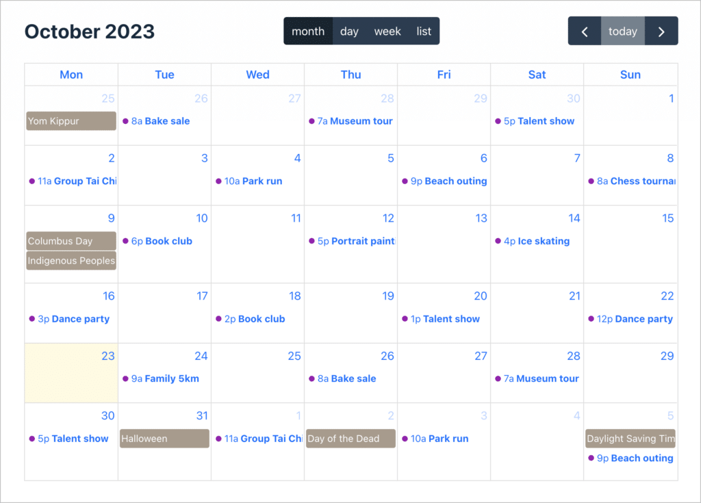 An events calendar created using GravityCalendar.