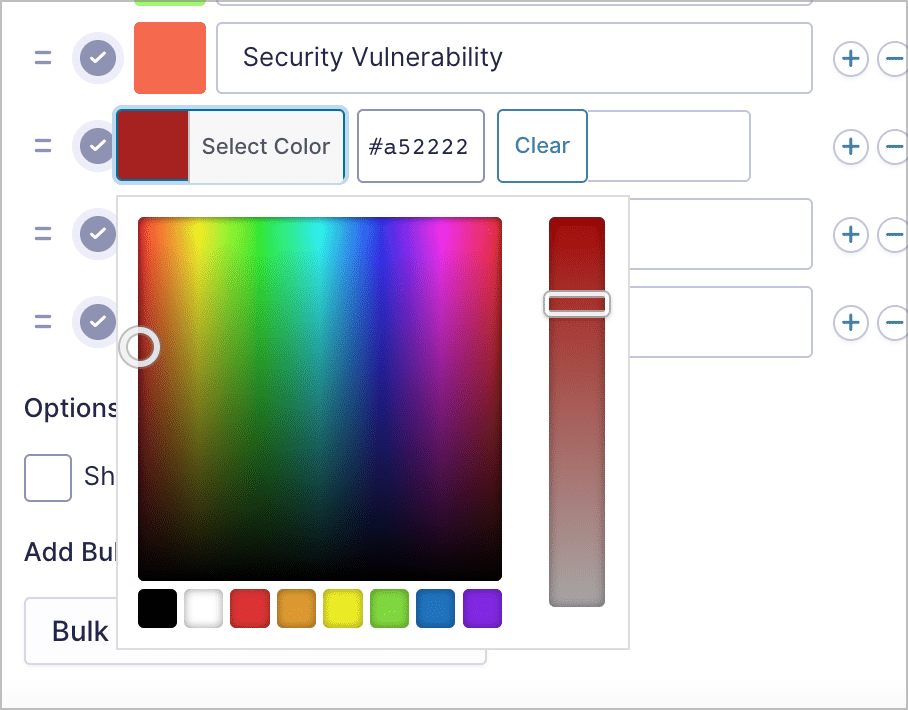 A color picker allowing users to select a custom color for tags or input their own color hex code