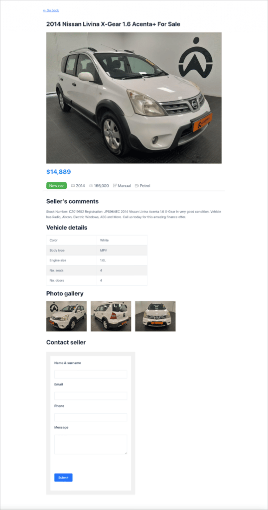 A detail page showing all the information for a specific car