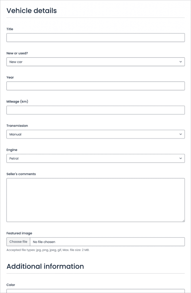 The submission form for a car dealership site