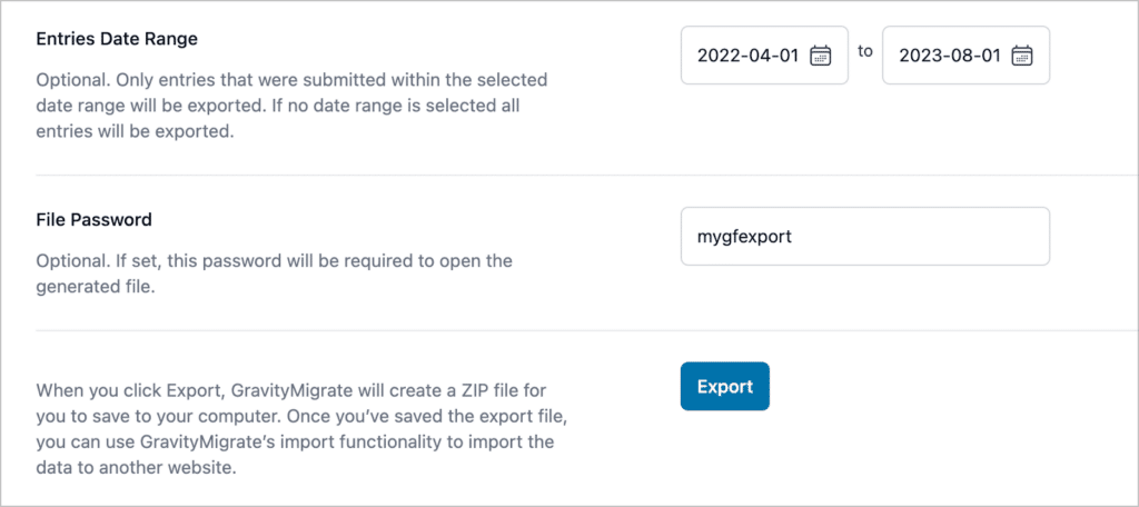 Additional export settings for GravityMigrate