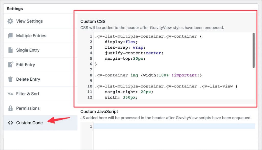 The Custom Code settings panel in GravityView