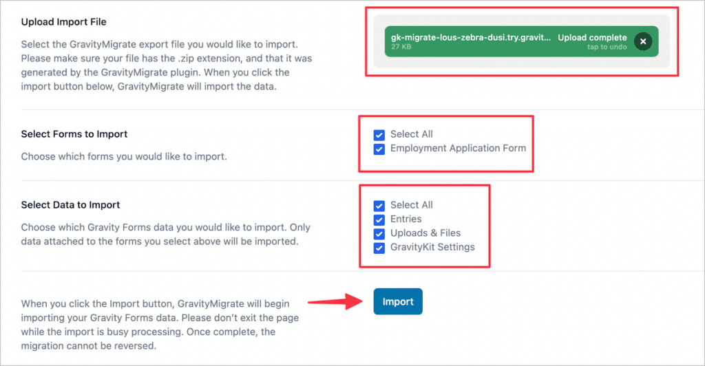 The GravityMigrate import settings