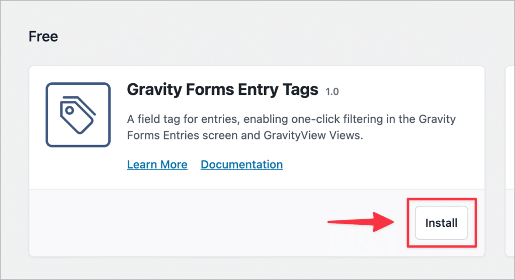 The 'Install' button for Gravity Forms Entry Tags on the GravityKit Manage Your Kit page in WordPress.